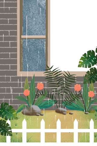 谷雨雨天窗外植物花朵卡通插画素材